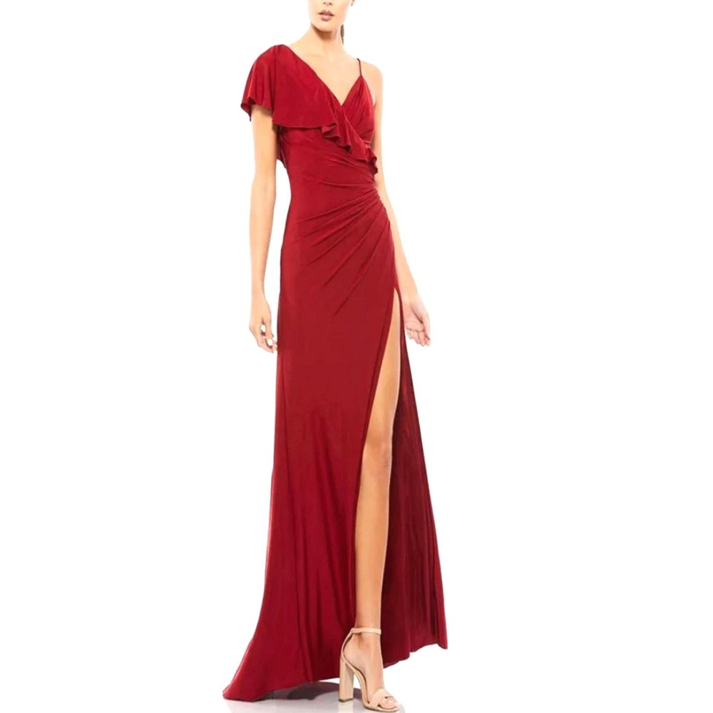Mac Duggal Ieena 11257 Wine Red Ruffle V-Neck Gown Size 0 NWT
